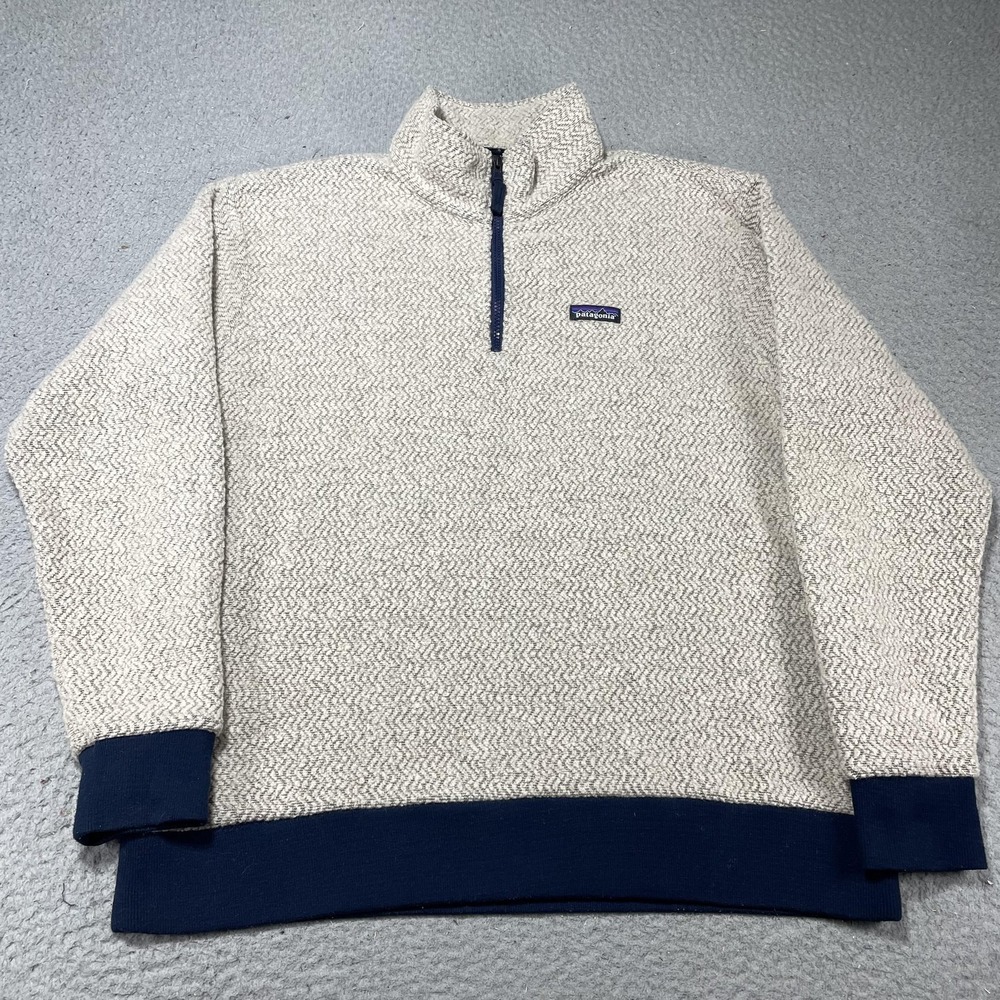 Patagonia Sweater Mens XL Beige Wool Blend 1/4 Zip Mock Neck Pullover Woolyester